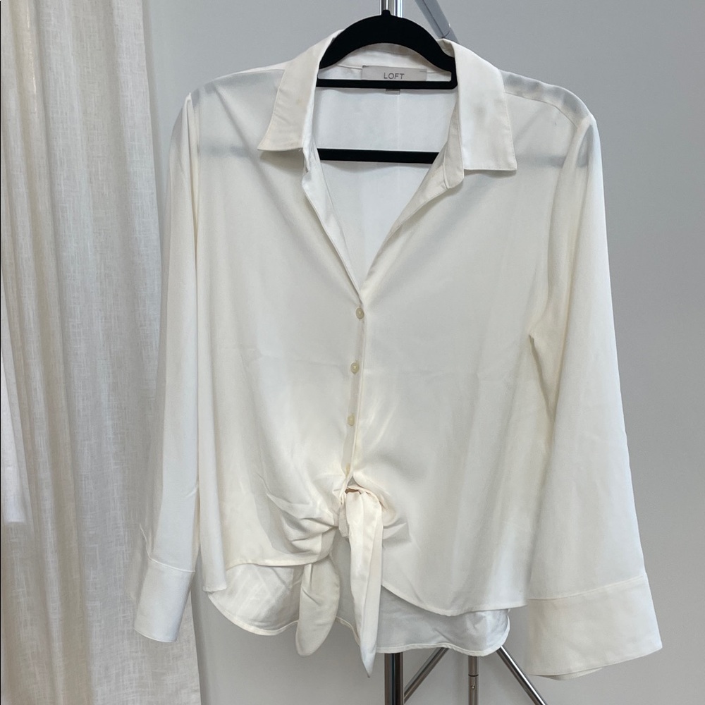 LOFT Cream Button-Down Shirt with Front Tie
